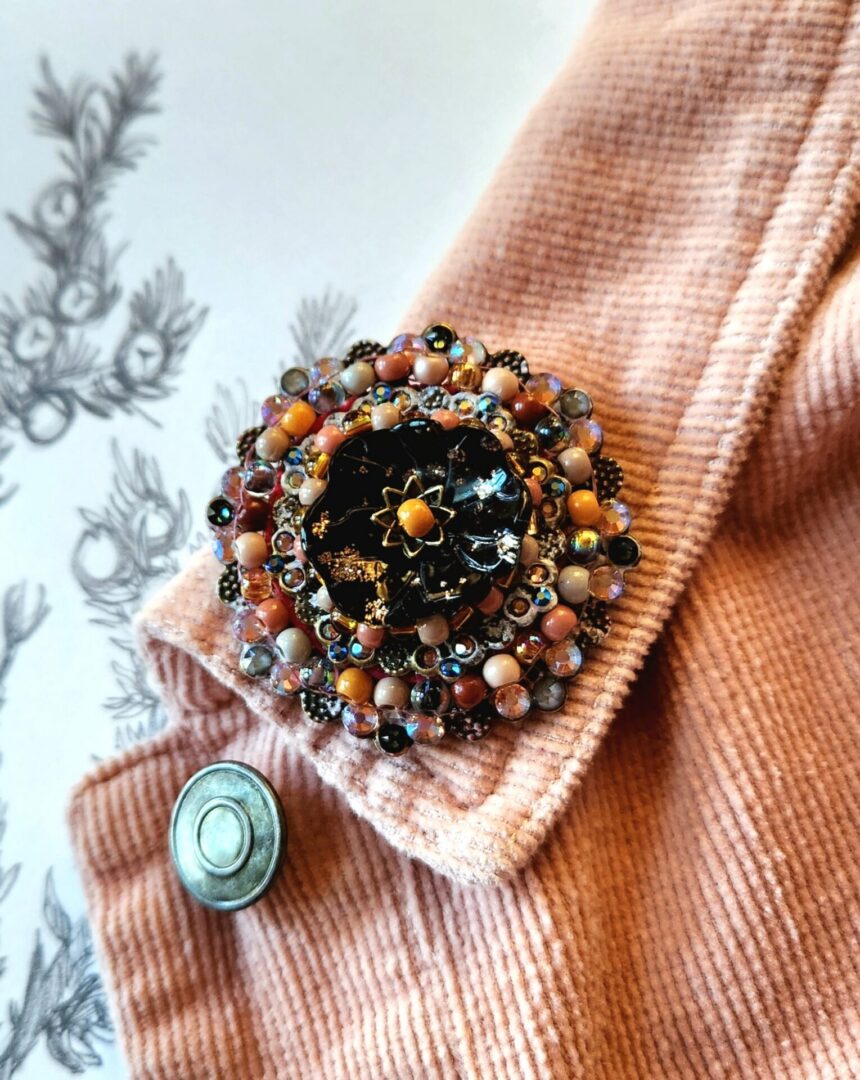 Handmade Floral Brooch with Brass Filigree and Crystals | Mahogany Glow - Image 2