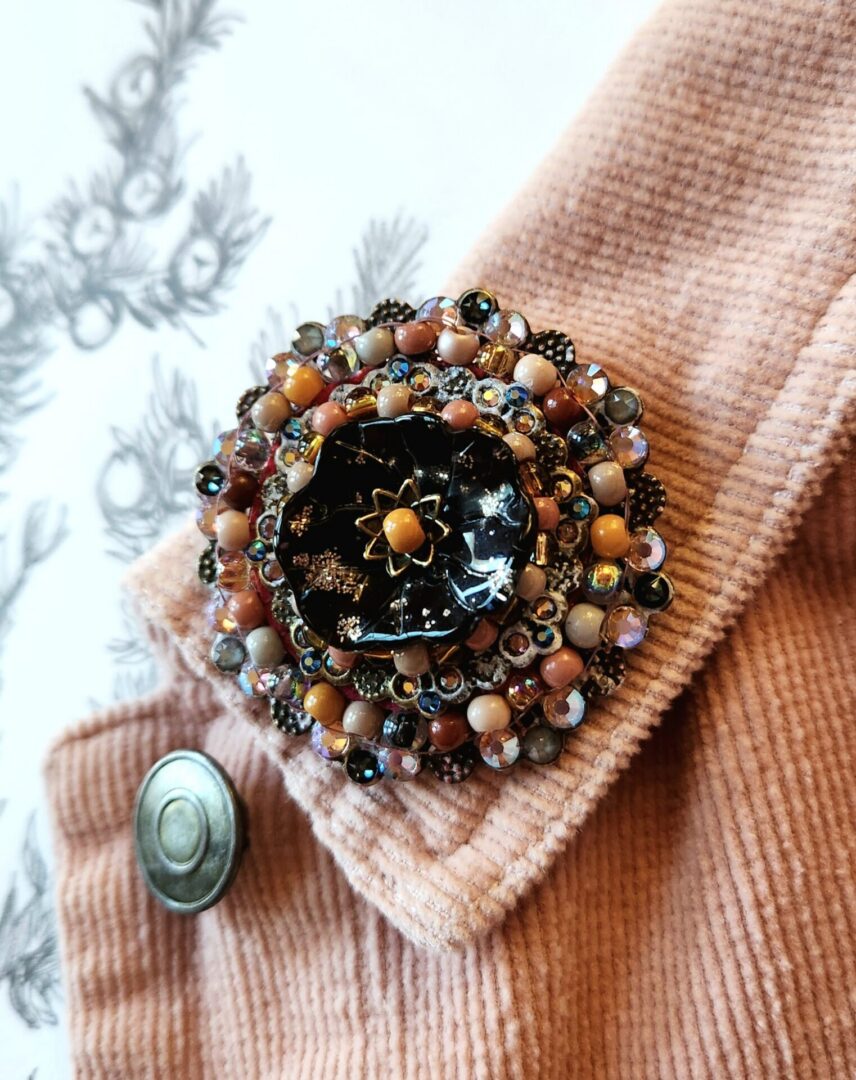 Handmade Floral Brooch with Brass Filigree and Crystals | Mahogany Glow - Image 3