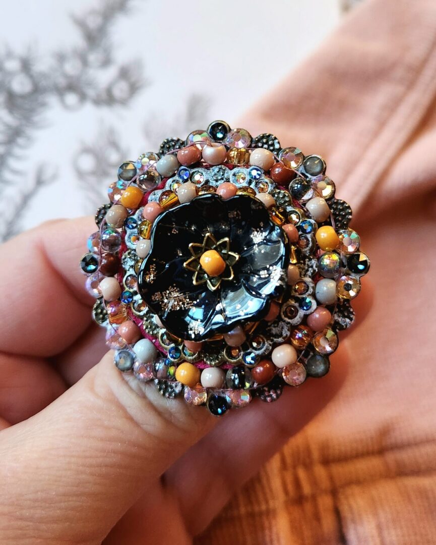 Handmade Floral Brooch with Brass Filigree and Crystals | Mahogany Glow - Image 4