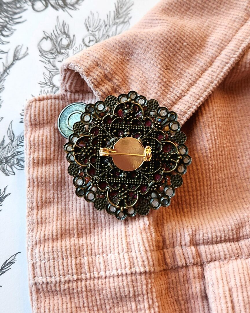 Handmade Floral Brooch with Brass Filigree and Crystals | Mahogany Glow - Image 5