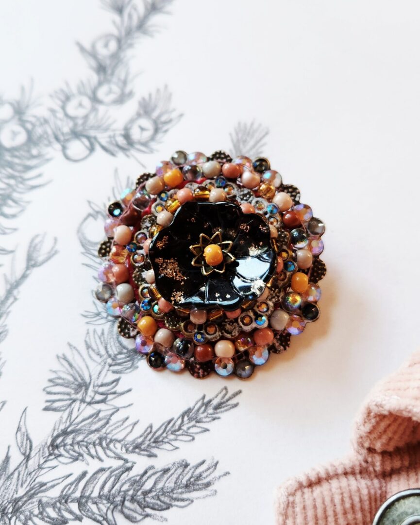 Handmade Floral Brooch with Brass Filigree and Crystals | Mahogany Glow - Image 6