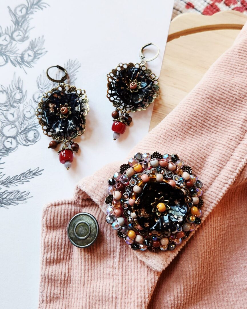 Handmade Floral Brooch with Brass Filigree and Crystals | Mahogany Glow - Image 7