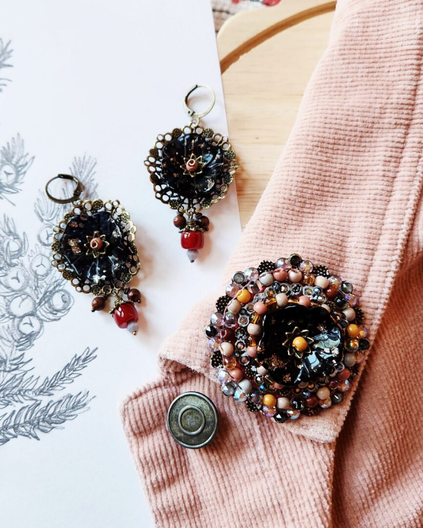Handmade Floral Brooch with Brass Filigree and Crystals | Mahogany Glow - Image 8