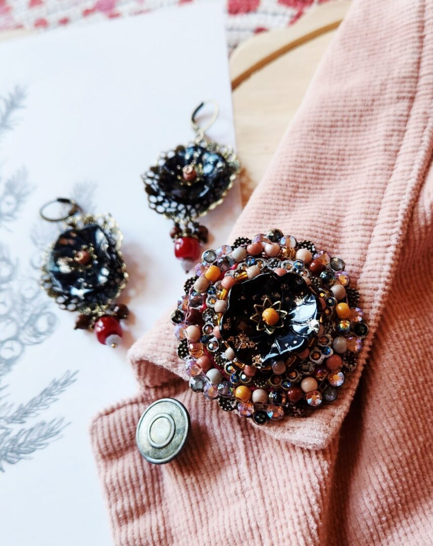 Handmade Floral Brooch with Brass Filigree and Crystals | Mahogany Glow - Image 9