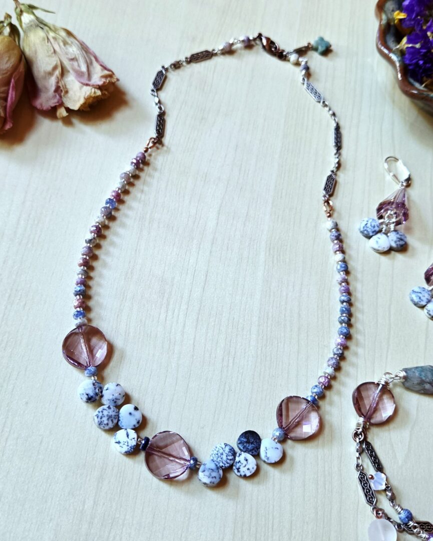 Handmade 16-inch sapphire and dendritic opal necklace with pale amethyst crystals, from the An Autumn's Spell collection.