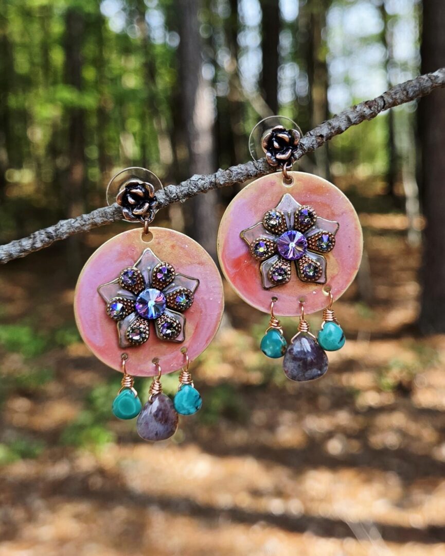 Hand painted Monet inspired brass earrings with layered flowers, Swarovski crystals, Ocean Jasper teardrops, and turquoise gemstone accents.