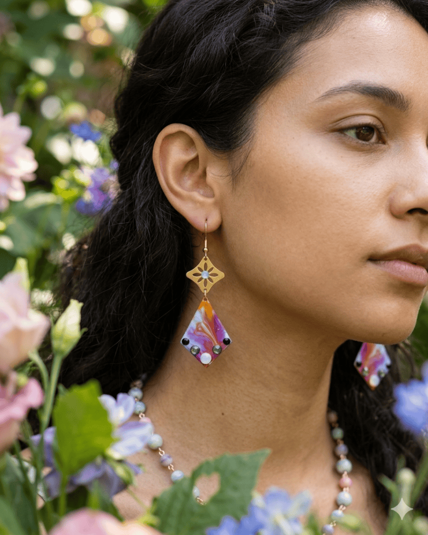 Hand Painted Brass Earrings | Monet Inspired Dangles - Image 2