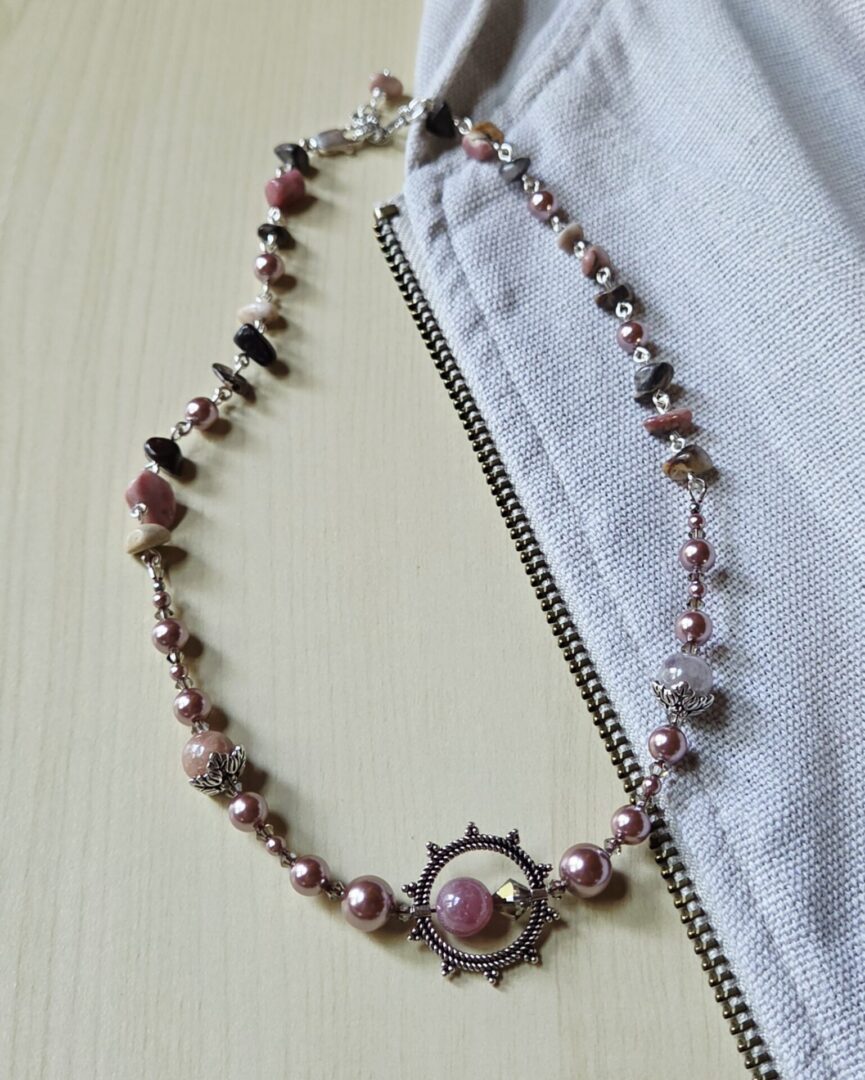 Handmade sunstone and rhodonite necklace with pearls and Swarovski crystals