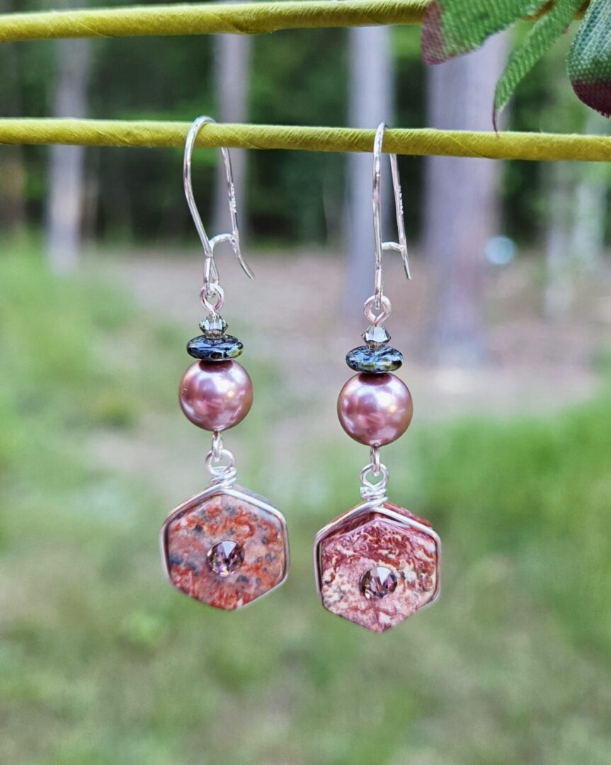 Handmade leopardskin jasper earrings with Swarovski crystals, pearls, and sterling silver ear wires