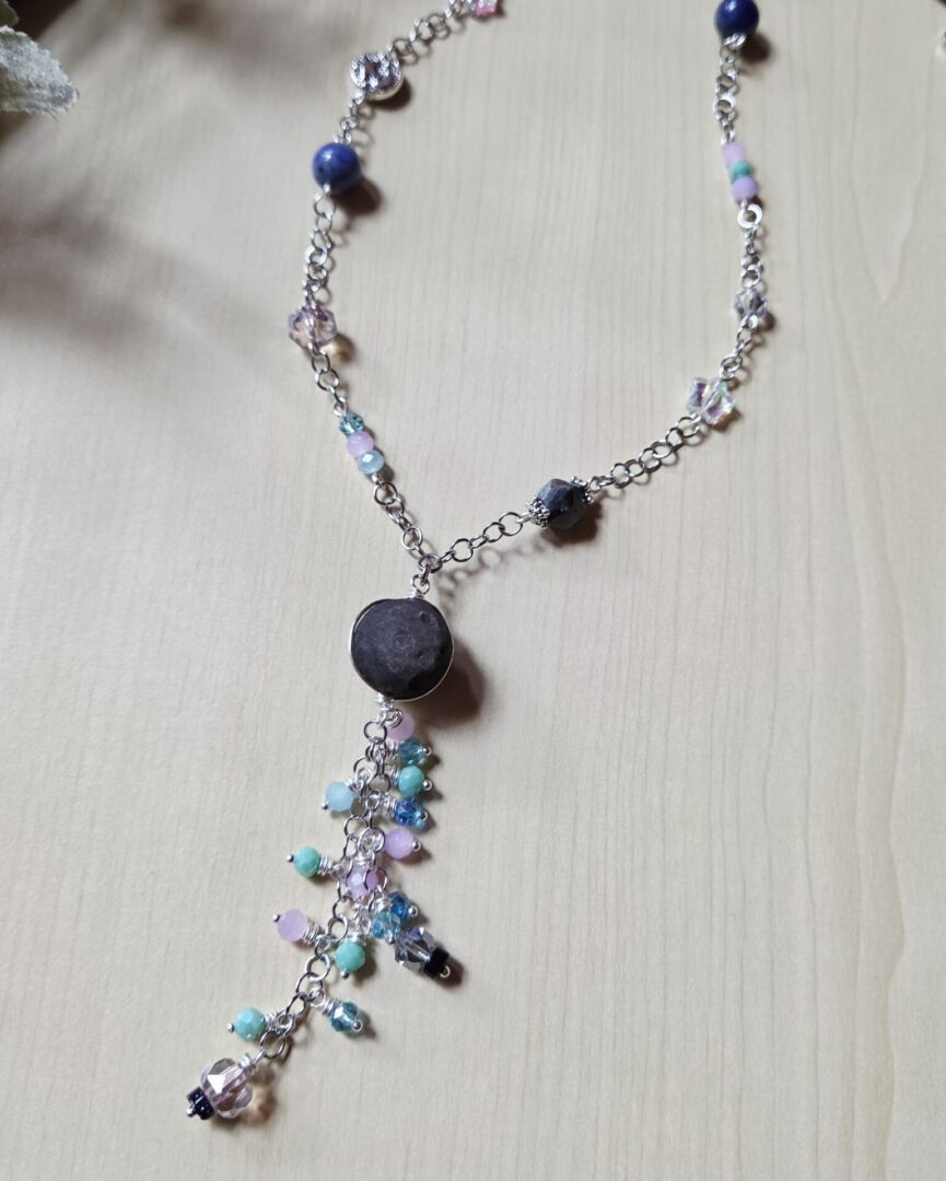 Handmade silver sheen obsidian moon and stars necklace with sodalite and Larvikite