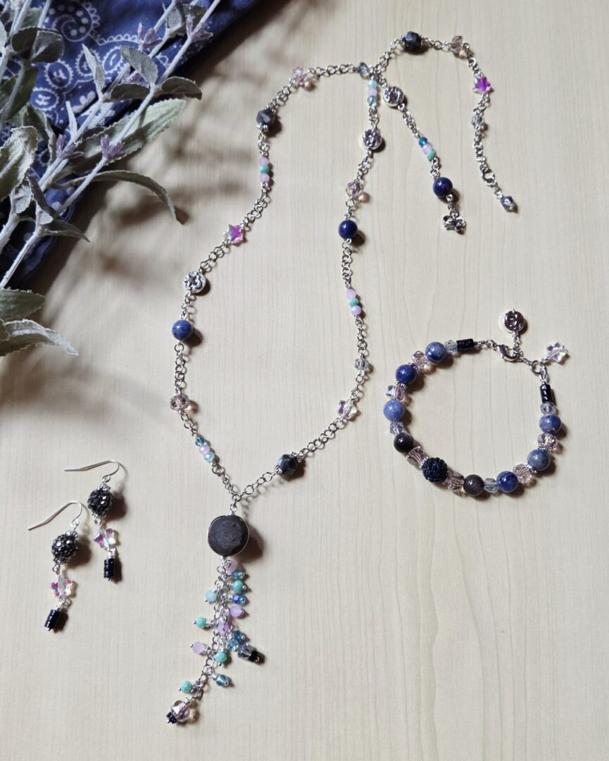 Handmade Rhinestone & Blue Goldstone Earrings | Twilight Moon & Stars - Image 4