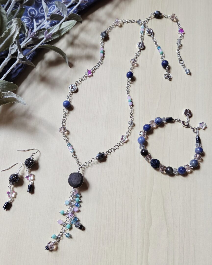 Handmade Rhinestone & Blue Goldstone Earrings | Twilight Moon & Stars - Image 3