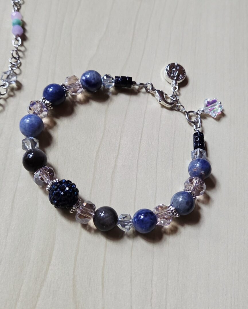 Handmade Silver Sheen Obsidian & Sodalite Bracelet | Twilight Moon & Stars - Image 2